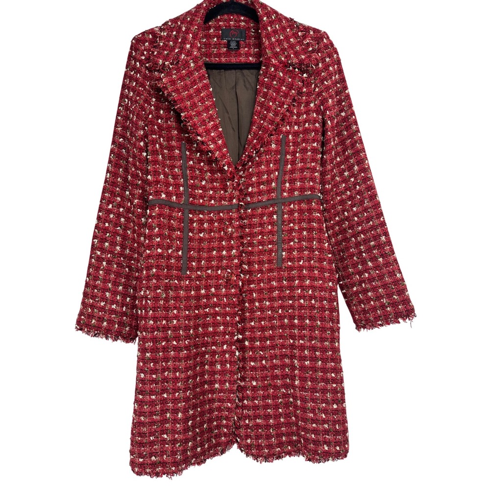 True Meaning Red Tweed Fringe Longline Coat Jacket Womens Small Twee Parisian